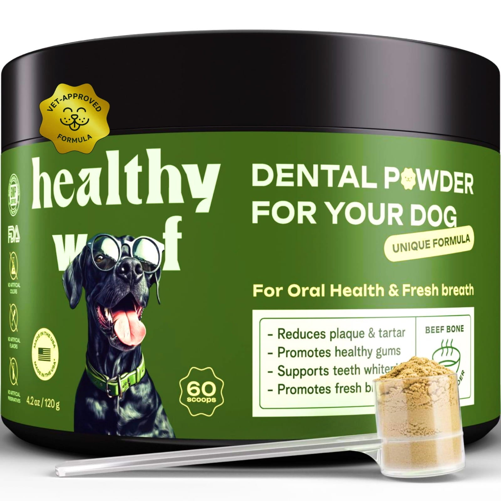 Healthy Woof dental powder jar