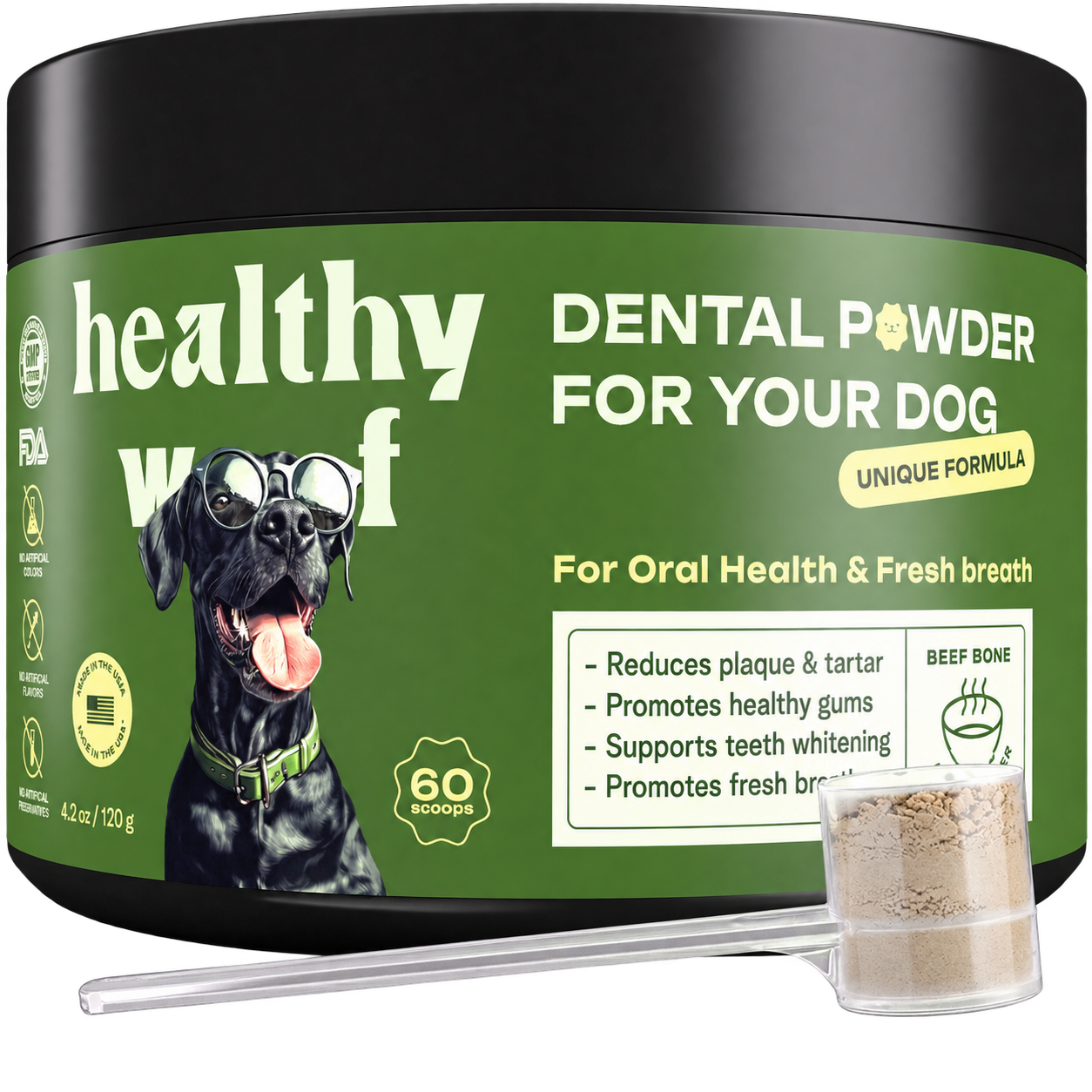 Healthy Woof medium dental powder jar, 4.2 oz, 60 scoops, with measuring scoop