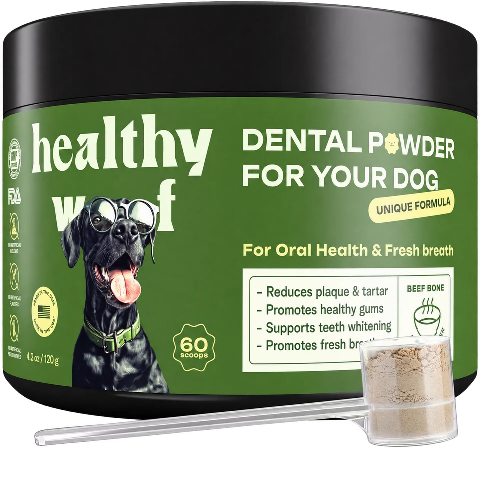 Healthy Woof beef bone broth dental powder with included scoop